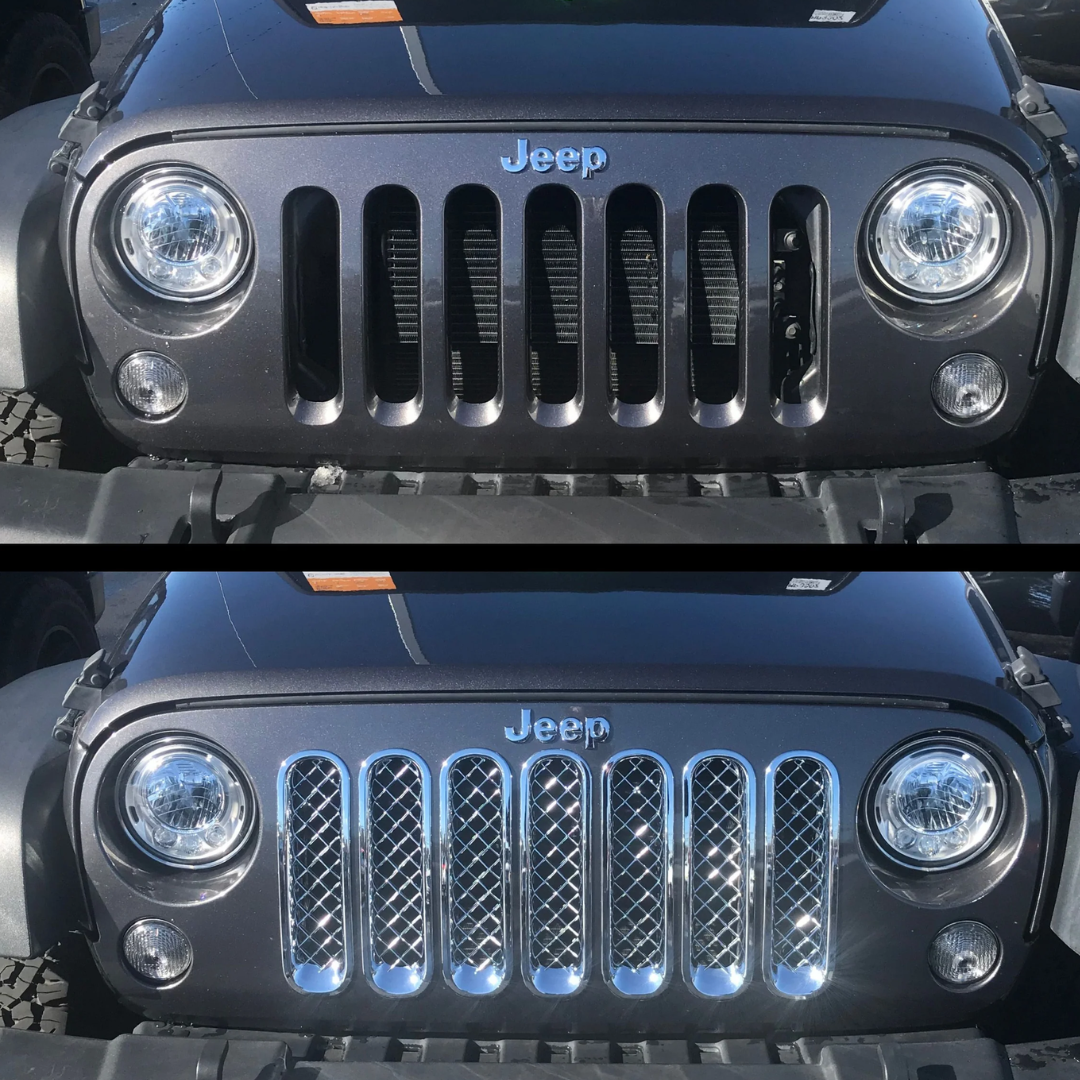 2007-2017 Jeep Wrangler, 2018 Jeep Wrangler JK Sport/Sahara/Rubicon/Unlimited Sport 7 PCS Chrome Tape-on Patented Grille Overlay