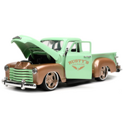 1953-chevrolet-3100-pickup-truck-green-and-gold-rustys-garage-with-extra-wheels-1-24-diecast