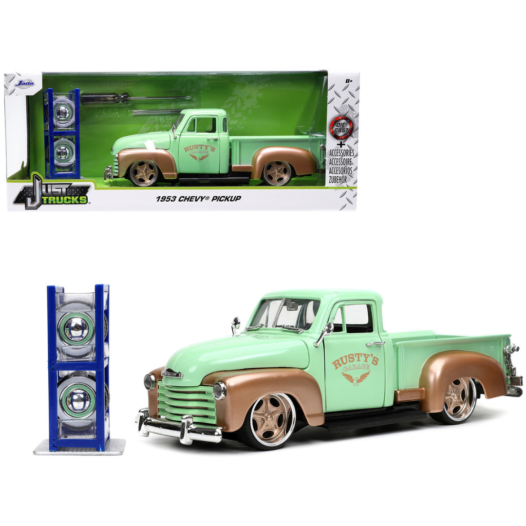 1953-chevrolet-3100-pickup-truck-green-and-gold-rustys-garage-with-extra-wheels-1-24-diecast