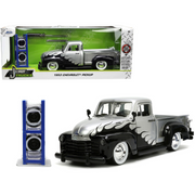 1953-chevrolet-3100-pickup-truck-silver-metallic-with-black-flames-with-extra-wheels-1-24-diecast