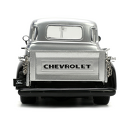 1953-chevrolet-3100-pickup-truck-silver-metallic-with-black-flames-with-extra-wheels-1-24-diecast