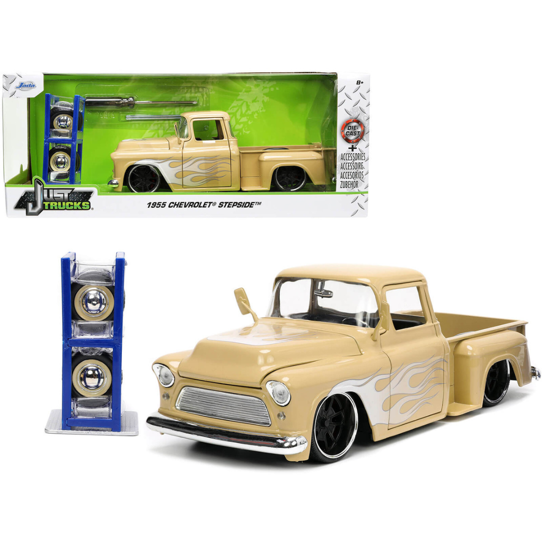 1955-chevrolet-stepside-pickup-truck-tan-and-silver-flames-with-extra-wheels-1-24-diecast