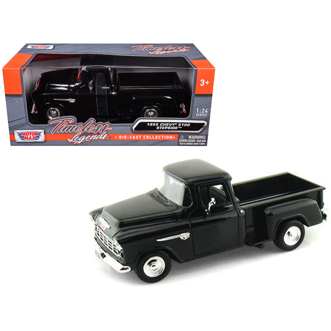 1955 Chevrolet 5100 Stepside Pickup Truck Black 1/24 Diecast Car Model by Motormax