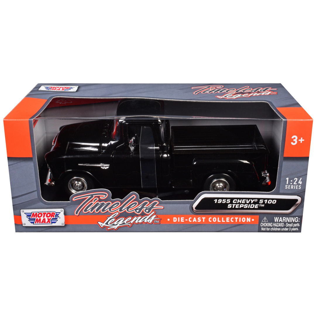 1955 Chevrolet 5100 Stepside Pickup Truck Black 1/24 Diecast Car Model by Motormax