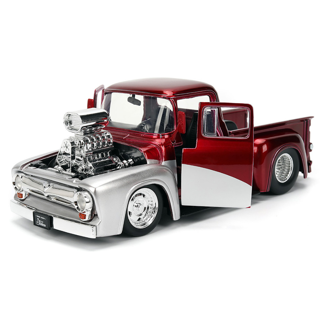 1956 Ford F-100 Pickup Truck Red Metallic with Silver Accents and Jada Gas Pump "Just Trucks" Series 1/24 Diecast Model Car