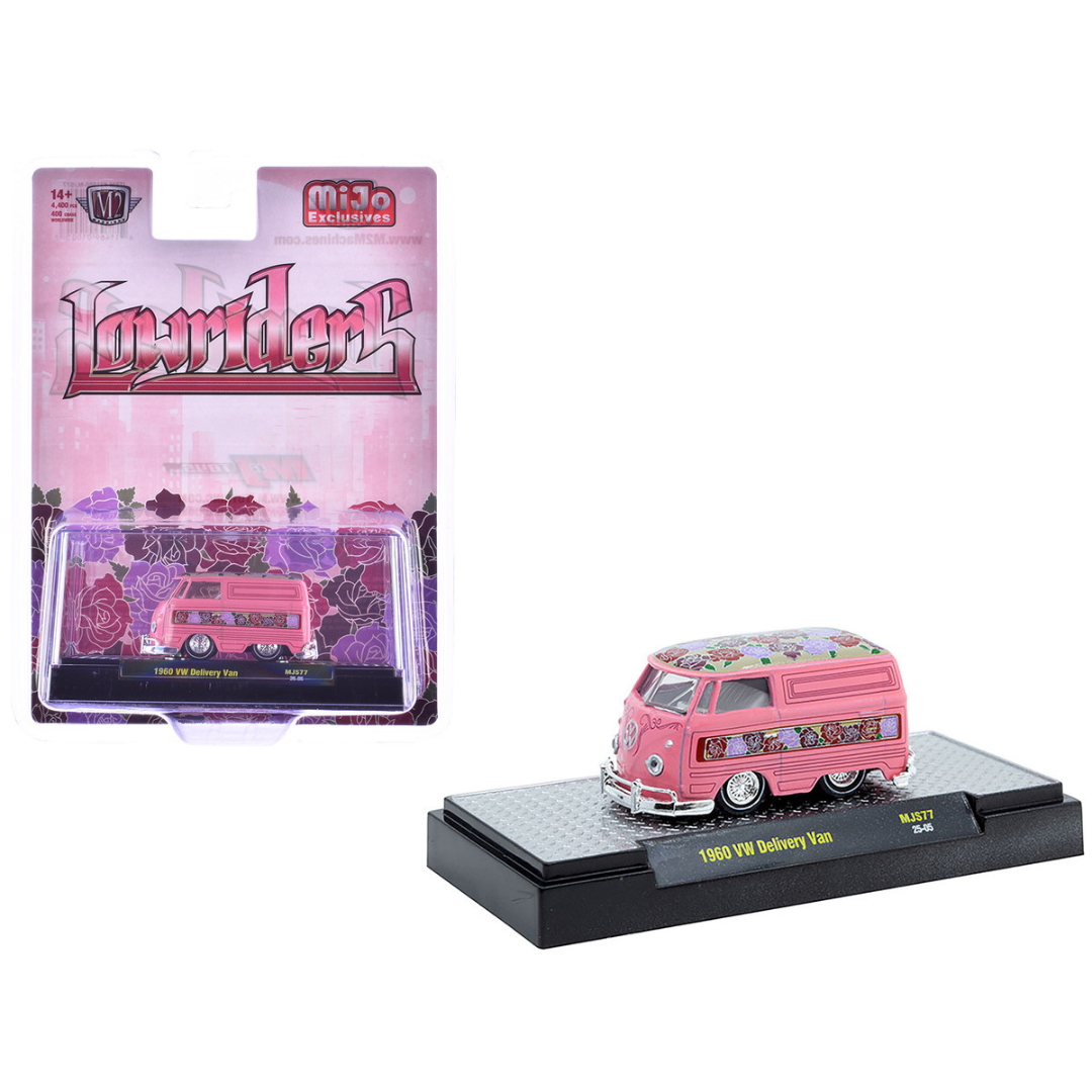 1960 Volkswagen Delivery Van "Lowriders" Pink Metallic with Flower Print Top and Side Stripes and White Interior Limited Edition to 4400 pieces Worldwide 1/64 Diecast Model Car