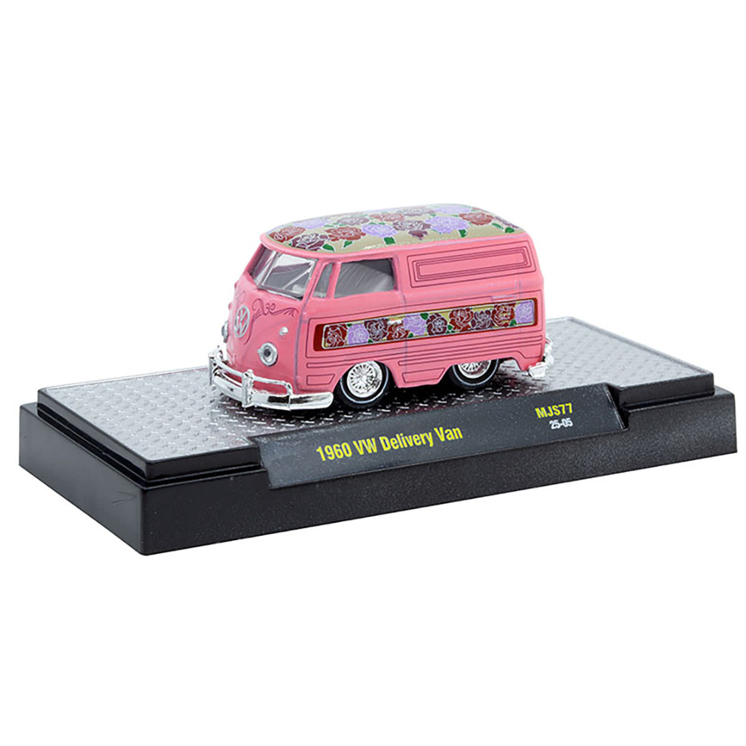 1960 Volkswagen Delivery Van "Lowriders" Pink Metallic with Flower Print Top and Side Stripes and White Interior Limited Edition to 4400 pieces Worldwide 1/64 Diecast Model Car