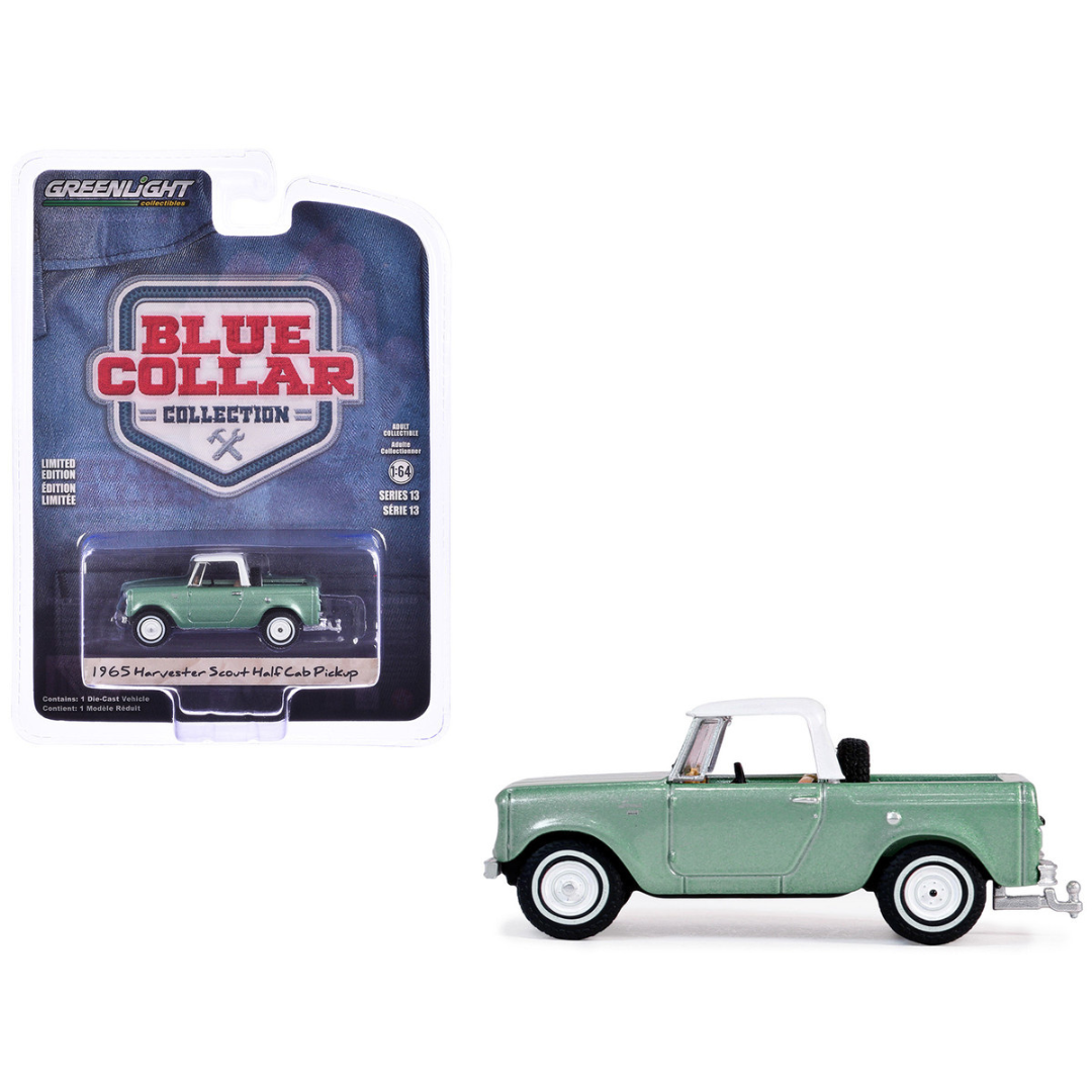 1965-harvester-scout-half-cab-pickup-truck-aspen-green-metallic-with-white-top-blue-collar-collection-series-13-1-64-diecast-model-car