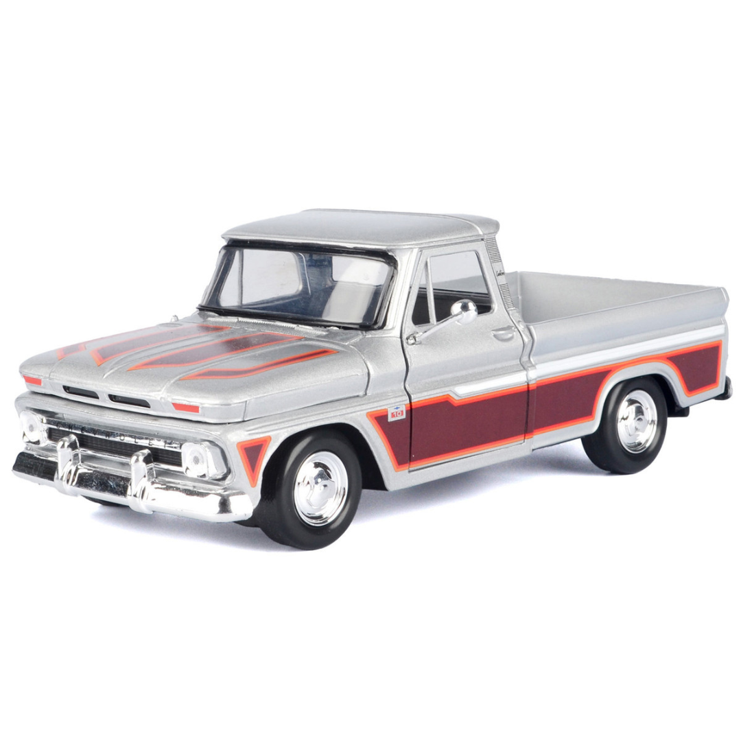 1966-chevrolet-c10-fleetside-pickup-truck-silver-metallic-with-brown-sides-american-classics-series-1-24-diecast-model-car