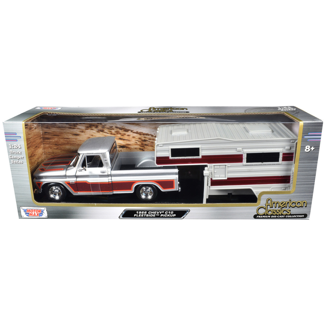 1966-chevrolet-c10-fleetside-pickup-truck-silver-metallic-with-brown-sides-with-camper-shell-american-classics-series-1-24-diecast-model-car