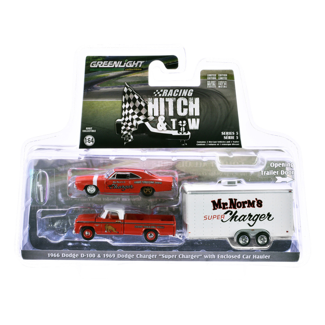 1966 Dodge D-100 Pickup Truck Red with White Top and 1969 Dodge Super Charger Red with White Stripe with Enclosed Car Hauler "Mr. Norm’s Super Charger" "Racing Hitch & Tow" Series 5 1/64 Diecast Model Car