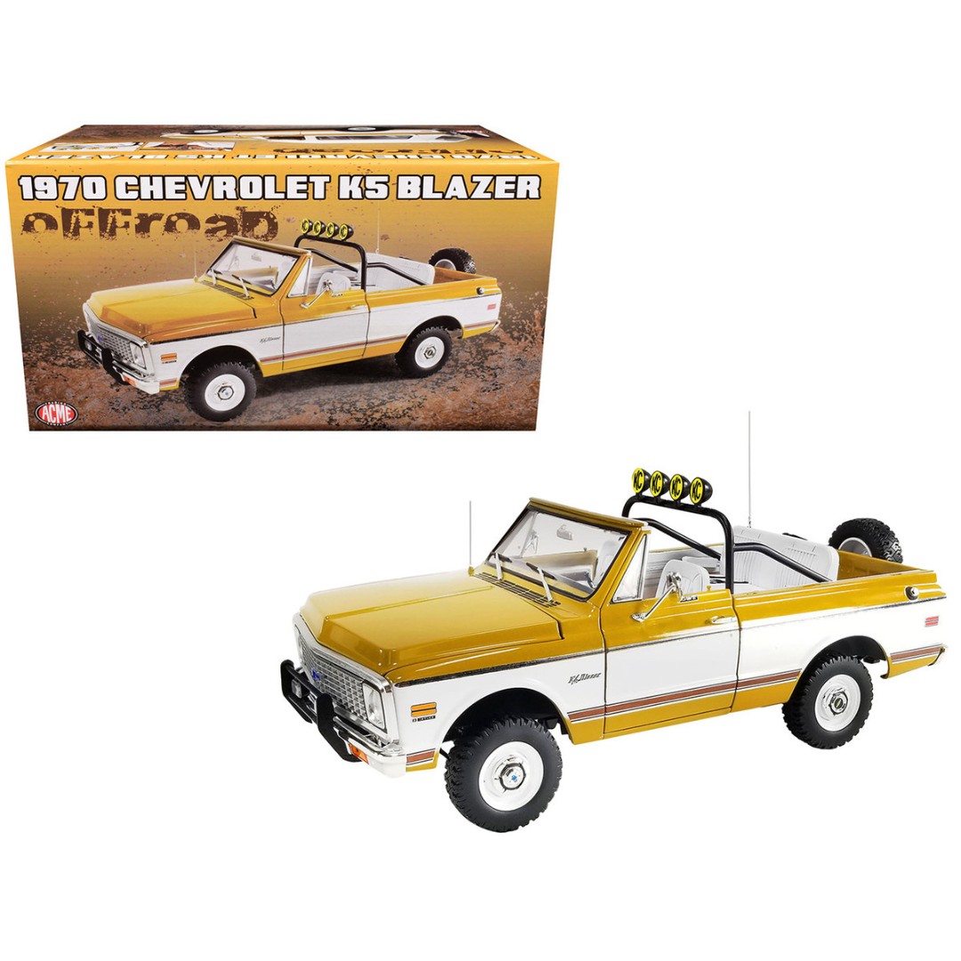 1971 Chevrolet K5 Blazer Offroad Gold and White with White Interior Limited Edition 1/18 Diecast Model Car