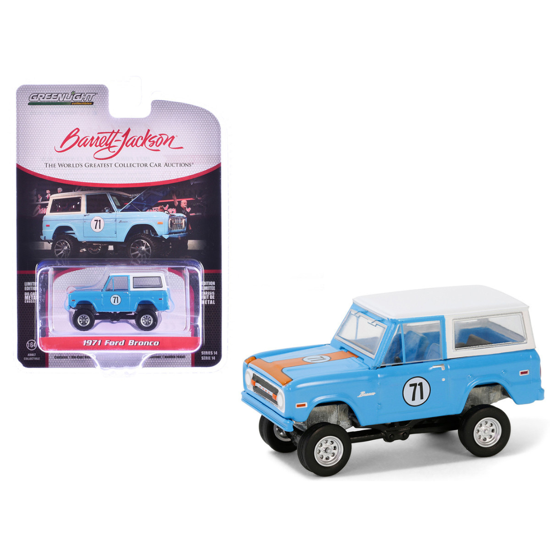 1971 Ford Bronco Custom #71 Blue with Orange Stripe and White Top (Las Vegas 2023) Barrett Jackson "Scottsdale Edition" Series 14 1/64 Diecast Model Car