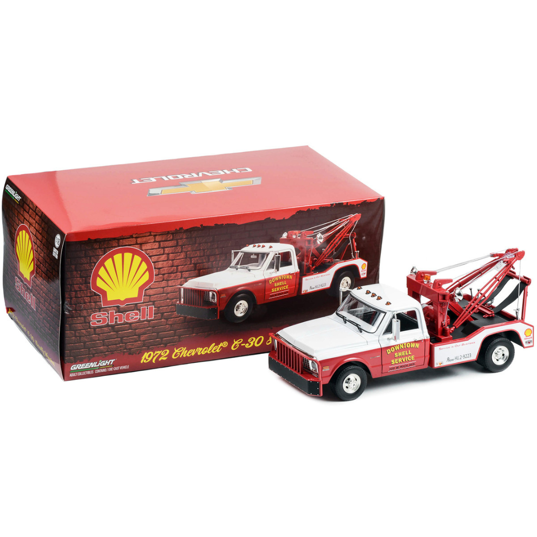 1972-chevrolet-c-30-dually-wrecker-tow-truck-downtown-shell-service-1-18-diecast