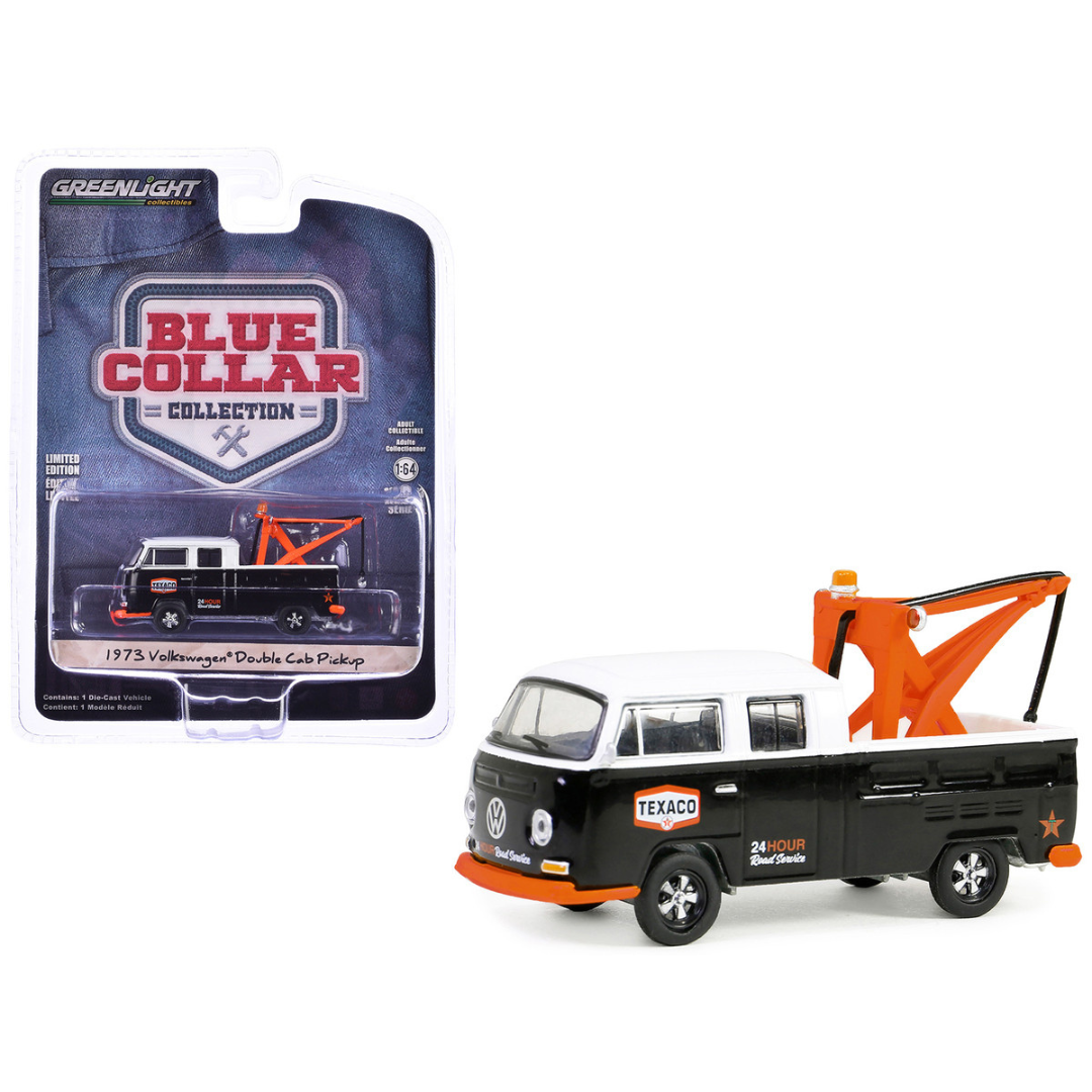 1973-volkswagen-double-cab-tow-truck-black-and-white-texaco-24-hour-road-service-blue-collar-collection-series-13-1-64-diecast-model-car