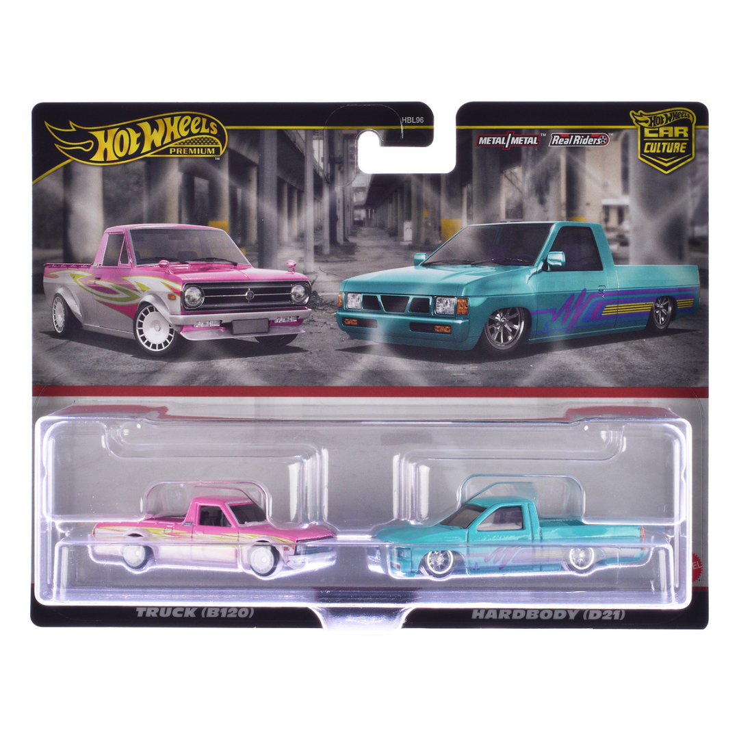 1975 Datsun Sunny (B120) Pickup Truck Pink and White with Graphics and 1993 Nissan Hardbody (D21) Custom Pickup Truck Turquoise with Graphics "Car Culture" Set of 2 Cars Diecast Model Cars by Hot Wheels