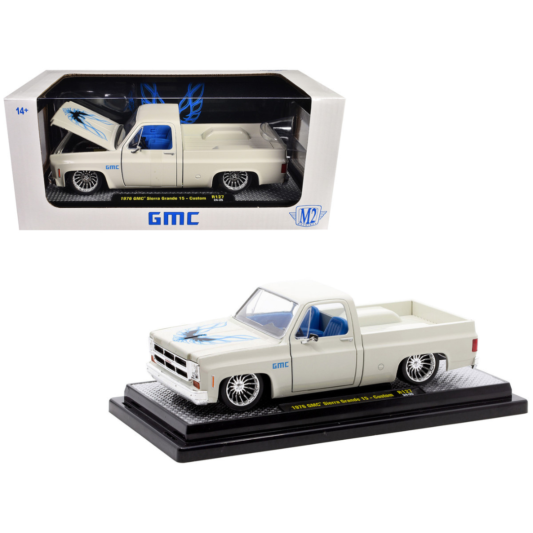 1976 GMC Sierra Grande 15 Custom Pickup Truck Eggshell White with Hood Graphics and Blue Interior Limited Edition to 6650 pieces Worldwide 1/24 Diecast Model Car