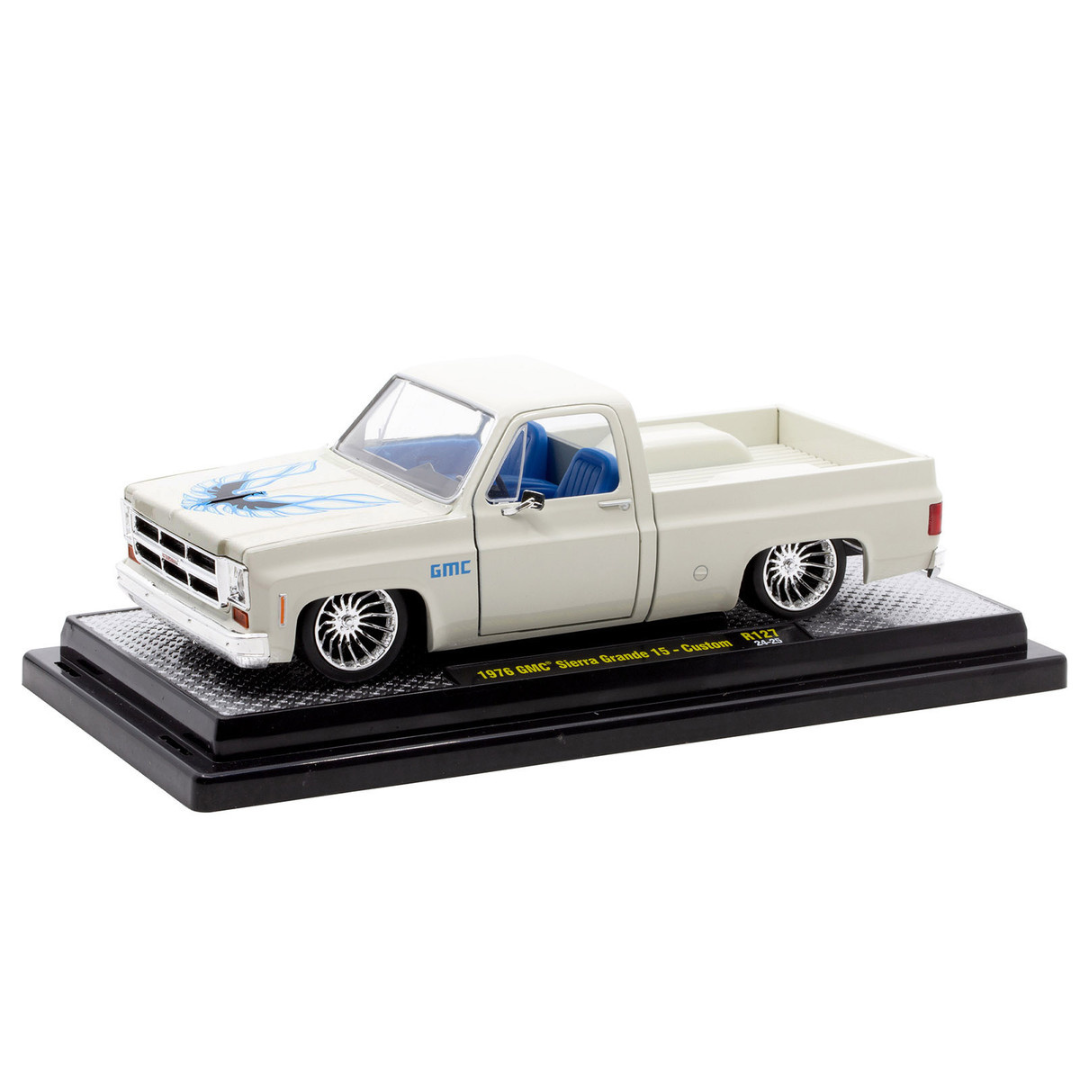 1976 GMC Sierra Grande 15 Custom Pickup Truck Eggshell White with Hood Graphics and Blue Interior Limited Edition to 6650 pieces Worldwide 1/24 Diecast Model Car