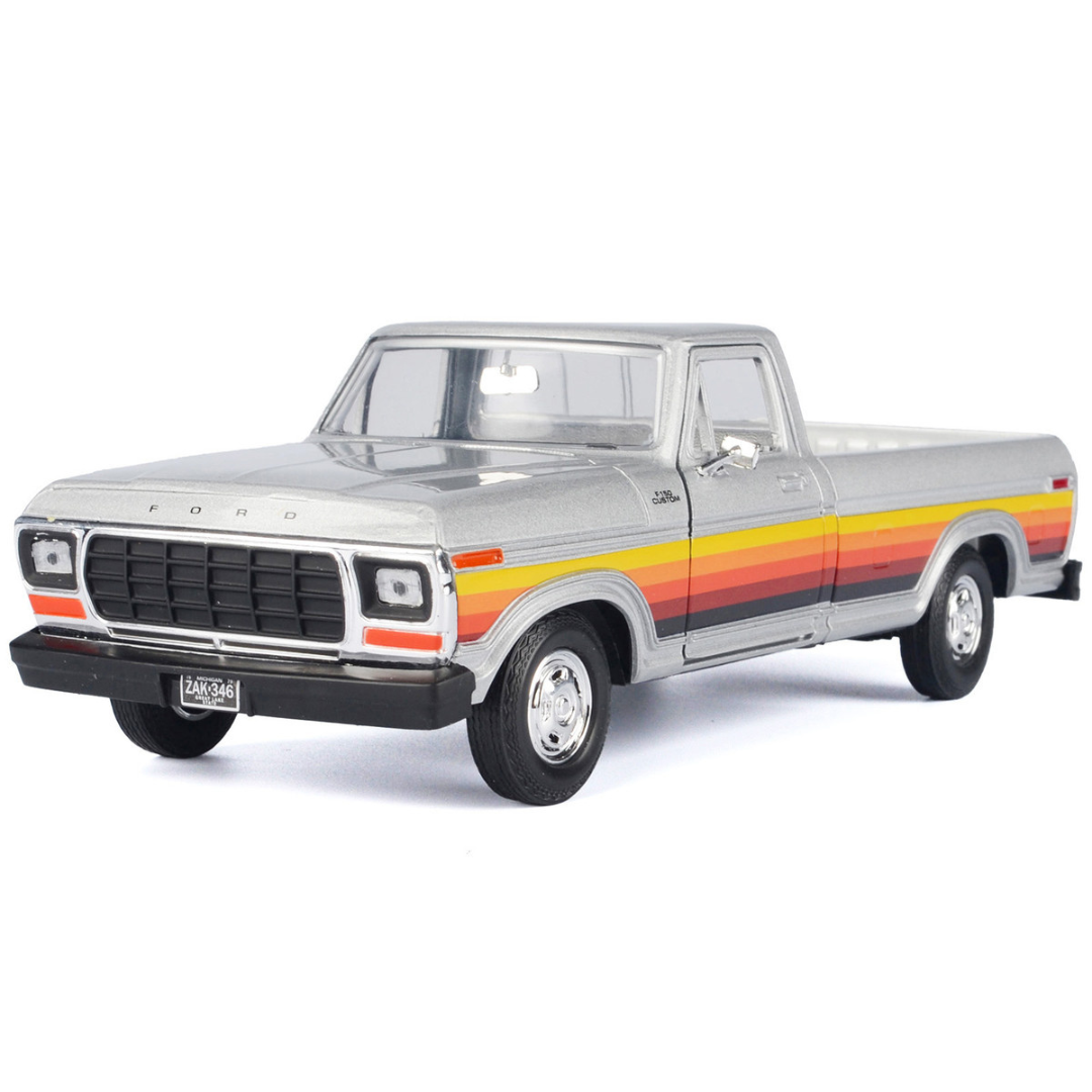 1979-ford-f-150-custom-pickup-truck-silver-metallic-with-side-stripes-american-classics-series-1-24-diecast-model-car