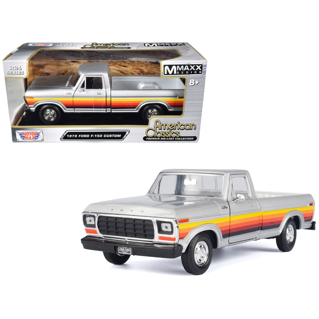 1979-ford-f-150-custom-pickup-truck-silver-metallic-with-side-stripes-american-classics-series-1-24-diecast-model-car