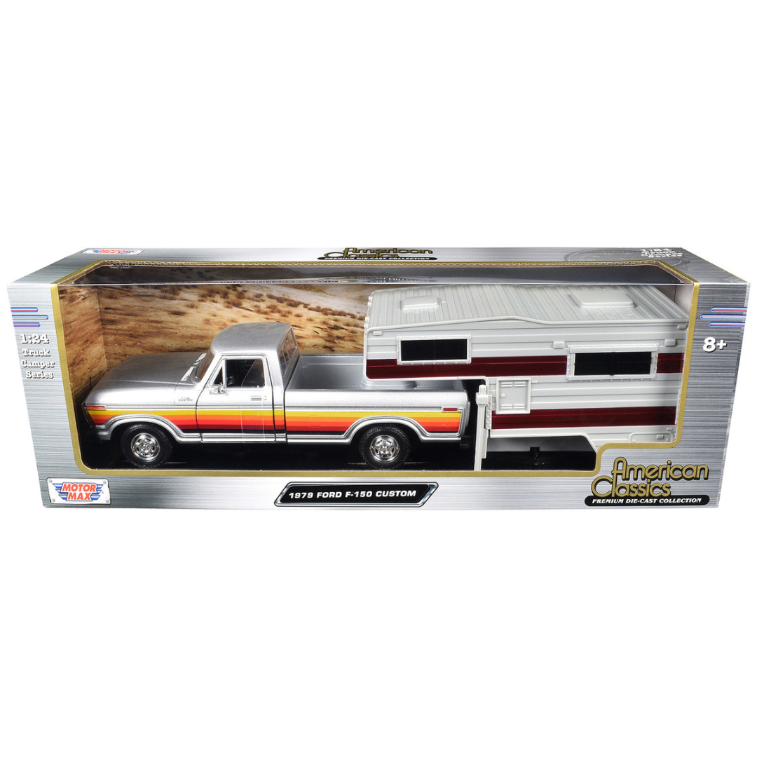 1979-ford-f-150-custom-pickup-truck-silver-metallic-with-side-stripes-with-camper-shell-american-classics-series-1-24-diecast-model-car