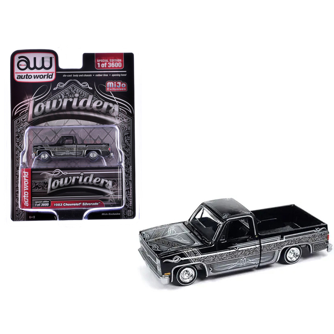 1983 Chevrolet Silverado Pickup Truck Black with Silver Graphics "Lowriders" Series Limited Edition to 3600 pieces Worldwide 1/64 Diecast Model Car