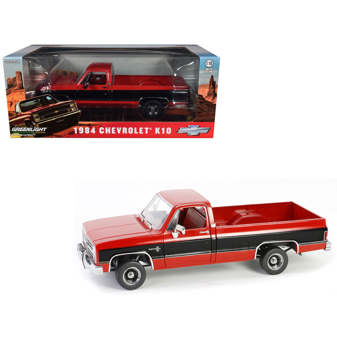 1984 Chevrolet K10 Scottsdale Pickup Truck Apple Red and Midnight Black with Red Interior 1/18 Diecast Model Car