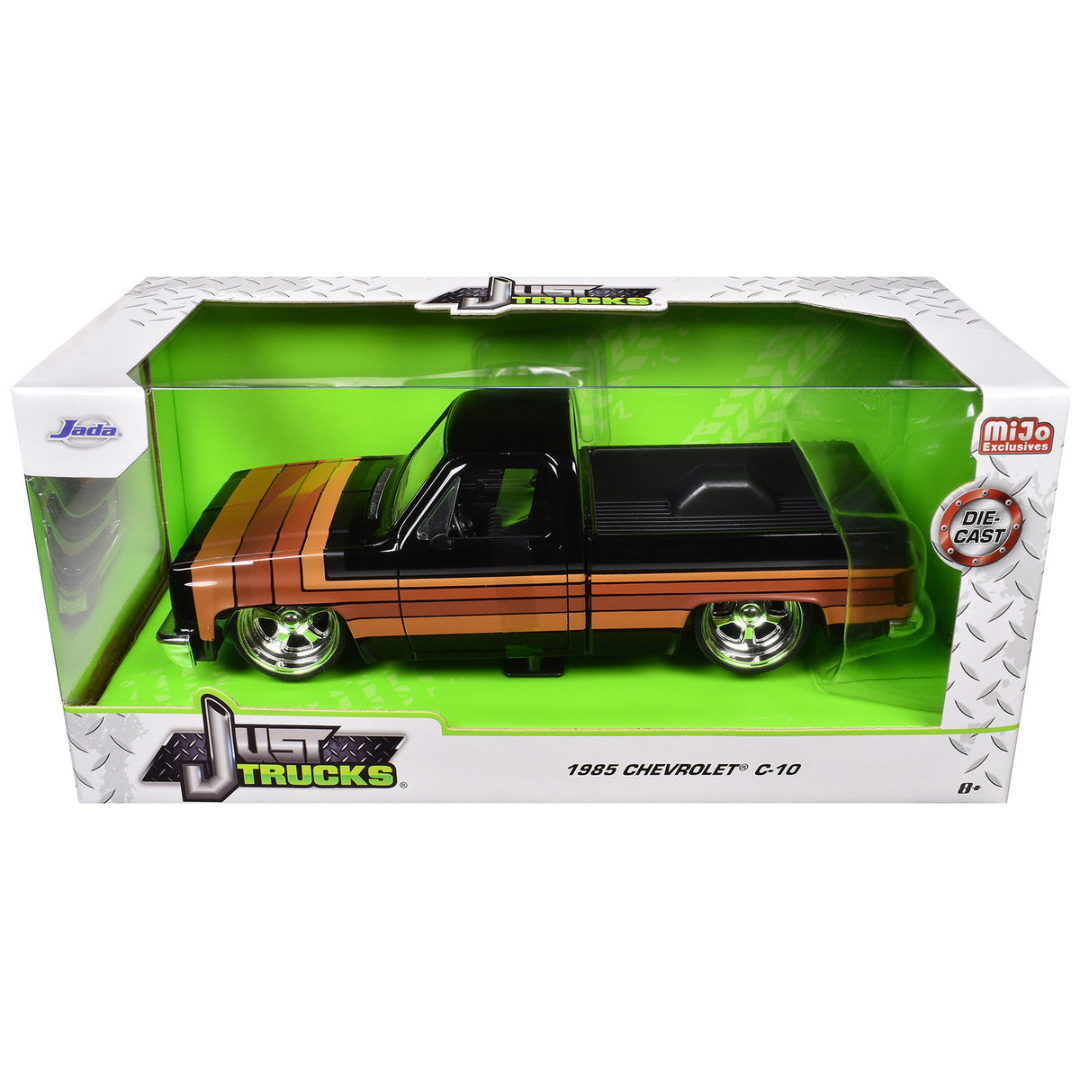 1985 Chevrolet C-10 Pickup Truck Black with Stripes and Paradox Wheels "Just Trucks" Series 1/24 Diecast Model Car