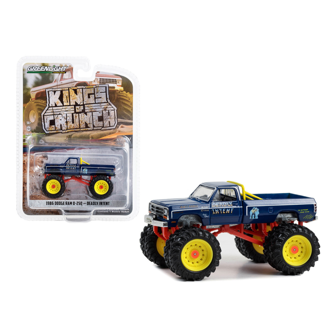 1986-dodge-ram-d-250-monster-truck-dark-blue-deadly-intent-kings-of-crunch-series-13-1-64-diecast-model-car-by-greenlight