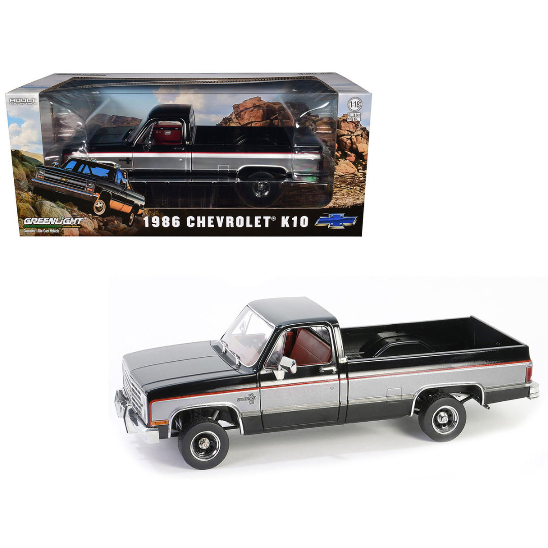 1986 Chevrolet K10 Silverado Pickup Truck Midnight Black and Steel Gray Metallic with Red Interior 1/18 Diecast Model Car