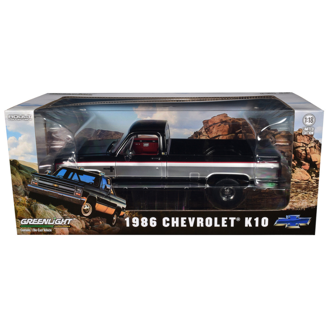 1986 Chevrolet K10 Silverado Pickup Truck Midnight Black and Steel Gray Metallic with Red Interior 1/18 Diecast Model Car