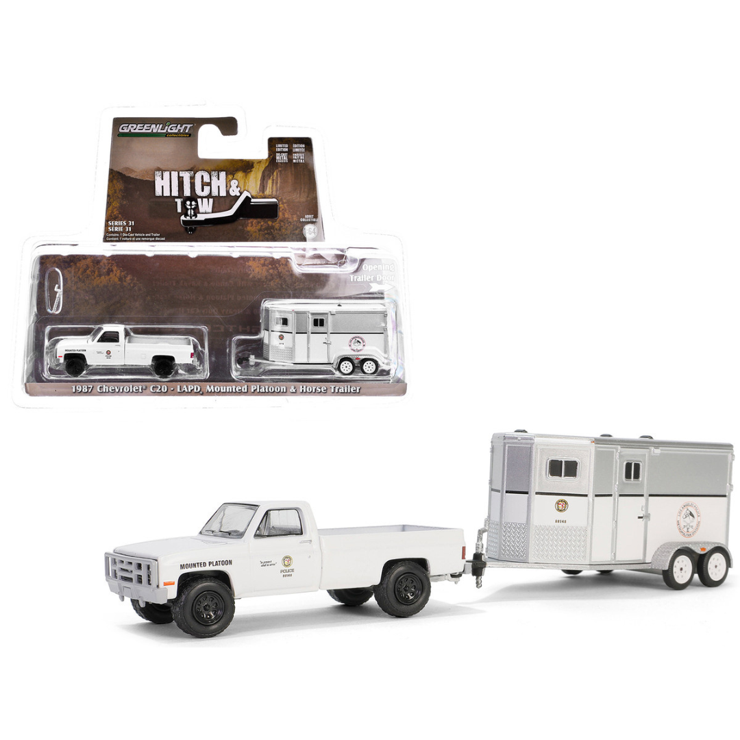 1987 Chevrolet C20 Pickup Truck White "LAPD (Los Angeles Police Department) Search & Rescue Mounted Platoon" with Horse Trailer "Hitch & Tow Series" 31 1/64 Diecast Model Car