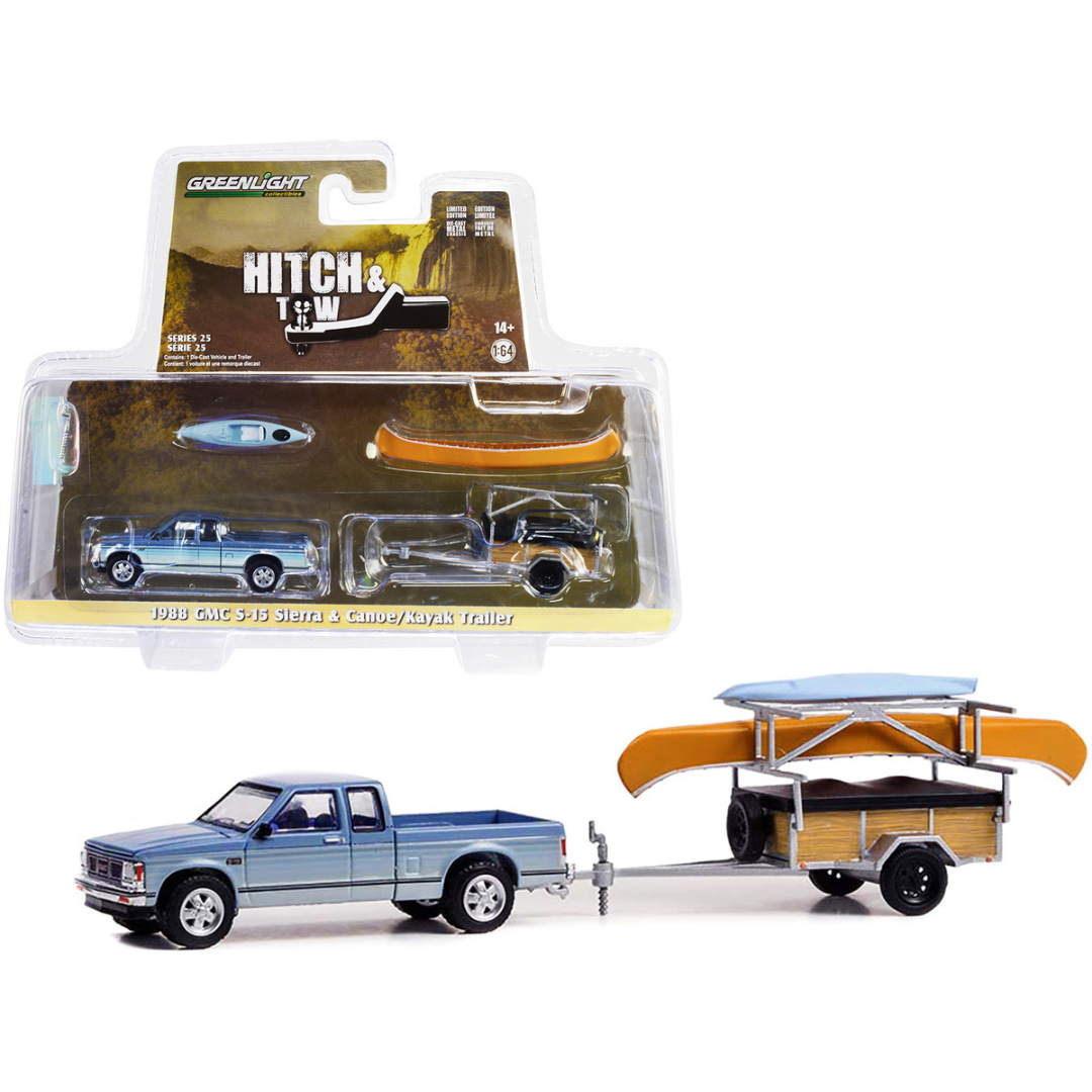 1988-gmc-s-15-sierra-pickup-truck-with-canoe-trailer-1-64-diecast-model-car-by-greenlight