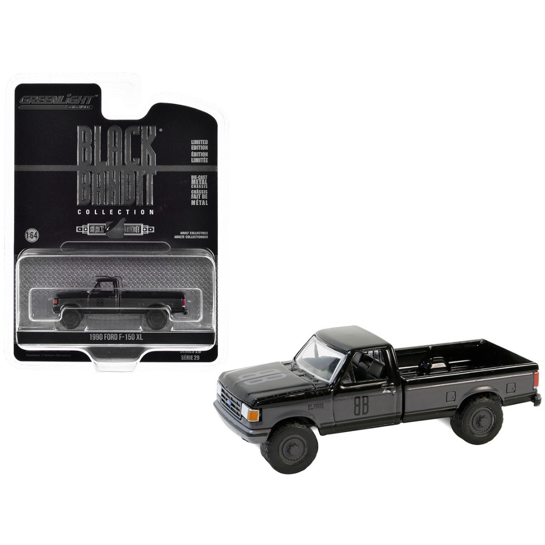 1990-ford-f-150-xl-pickup-truck-black-with-gray-sides-black-bandit-series-29-1-64-diecast-model-car