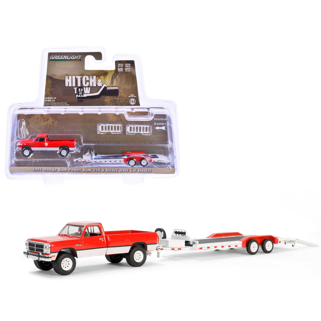 1991 Dodge Ram Power Ram 250 Pickup Truck Red and White with Heavy Duty Car Hauler "Hitch & Tow Series" 31 1/64 Diecast Model Car