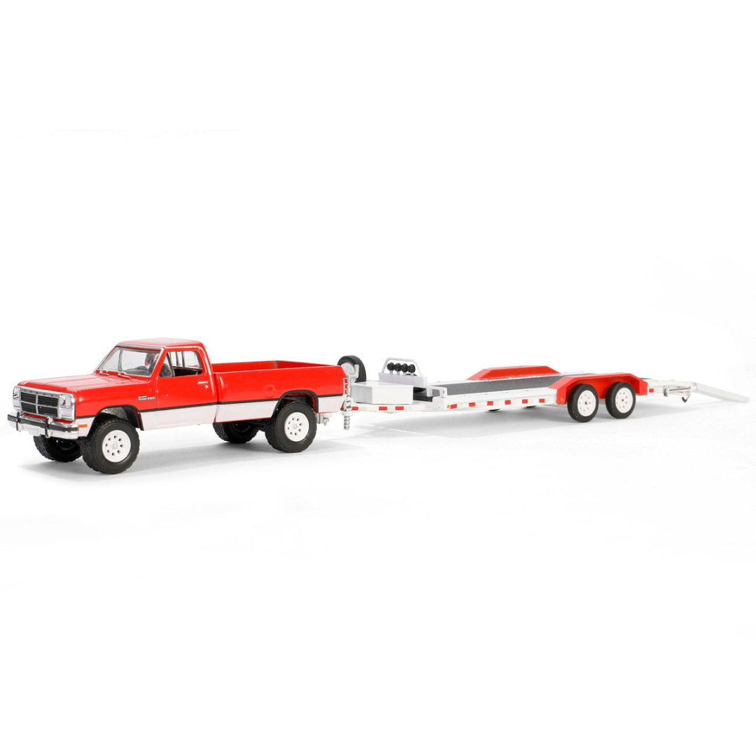 1991 Dodge Ram Power Ram 250 Pickup Truck Red and White with Heavy Duty Car Hauler "Hitch & Tow Series" 31 1/64 Diecast Model Car