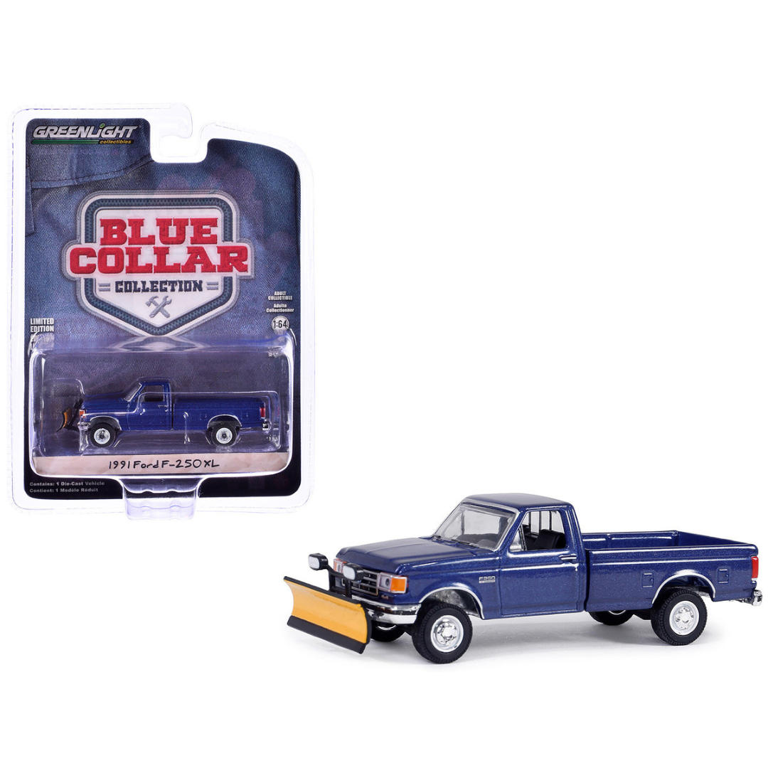 1991-ford-f-250-xl-4x4-pickup-truck-with-snow-plow-deep-shadow-blue-metallic-blue-collar-collection-series-13-1-64-diecast-model-car