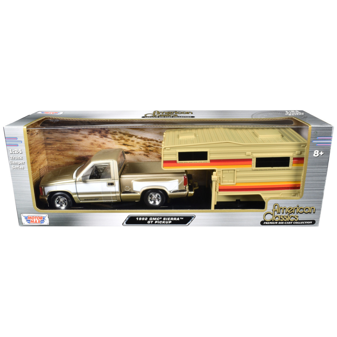 1992-gmc-sierra-gt-pickup-truck-gold-metallic-with-white-sides-with-camper-shell-american-classics-series-1-24-diecast-model-car