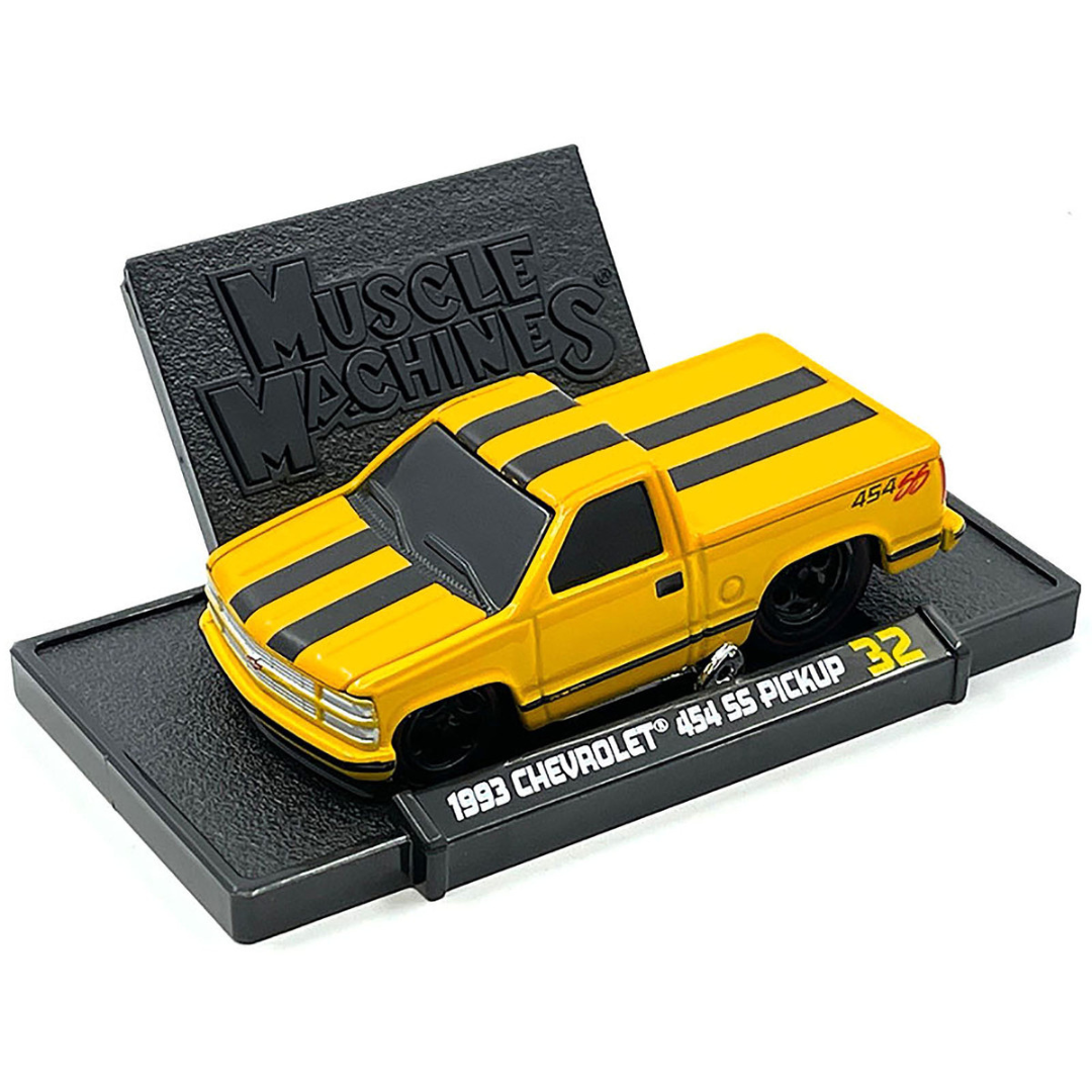 1993-chevrolet-454-ss-pickup-truck-yellow-with-black-stripes-1-64-diecast-model-car