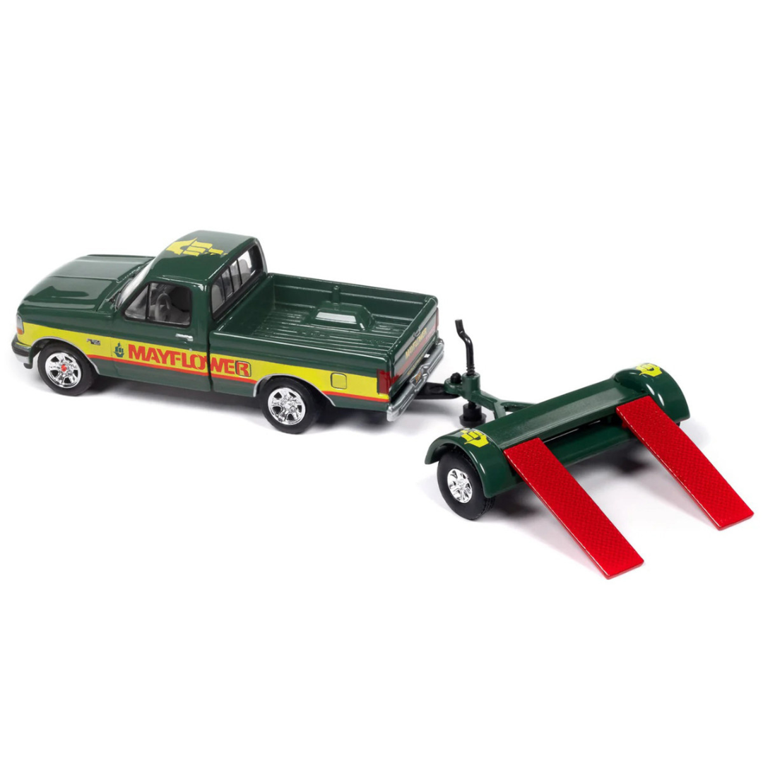 1993 Ford F-150 Pickup Truck Green and Yellow "Mayflower" with Tow Dolly "Tow & Go" Series 1/64 Diecast Model Car