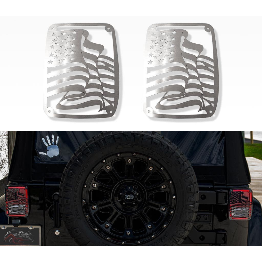 2007-2018 Jeep Wrangler JK/JKU - US Flag Tail Light Covers | Stainless Steel, Choose Finish