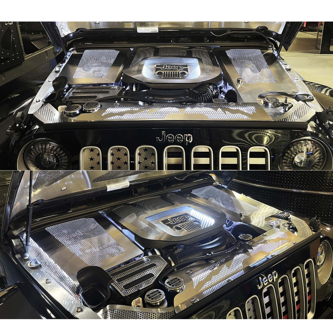 2007-2018 Jeep Wrangler JK - V6 Engine Shroud Brushed with Polished Perforation & Jeep Logo Black Carbon Fiber | LED