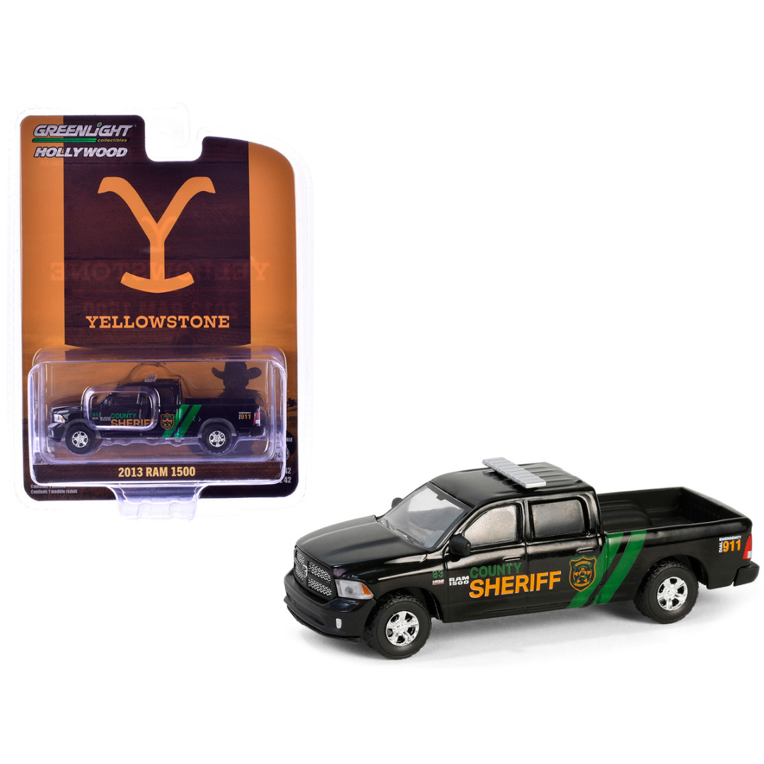 2013 Ram 1500 Pickup Truck "County Sheriff" Black with Green Stripes "Yellowstone" (2018–Current) TV Series "Hollywood Series" Release 42 1/64 Diecast Model Car