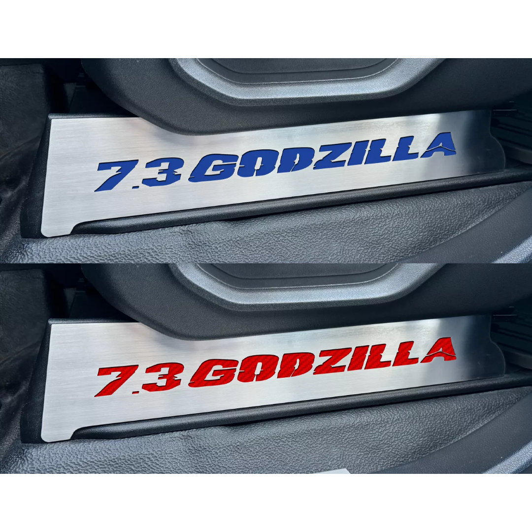 2017-2022 Ford F250 Brushed Stainless Lower Seat Vanity Plate with "7.3 Godzilla" Logo 2pc | Select Inlay