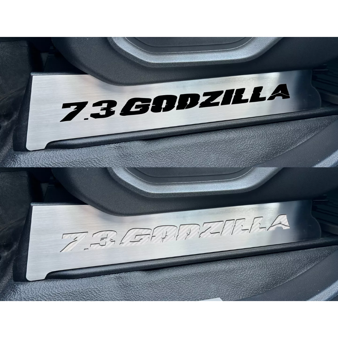 2017-2022 Ford F250 Brushed Stainless Lower Seat Vanity Plate with "7.3 Godzilla" Logo 2pc | Select Inlay