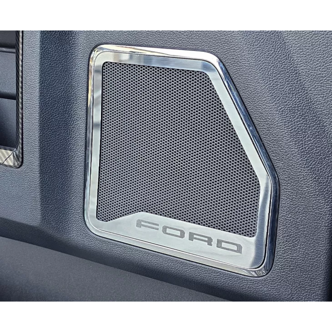 2017-2022 Ford F250 Front Inner Door Speaker Trim "FORD" Etched Logo 2pc | Polished Finish