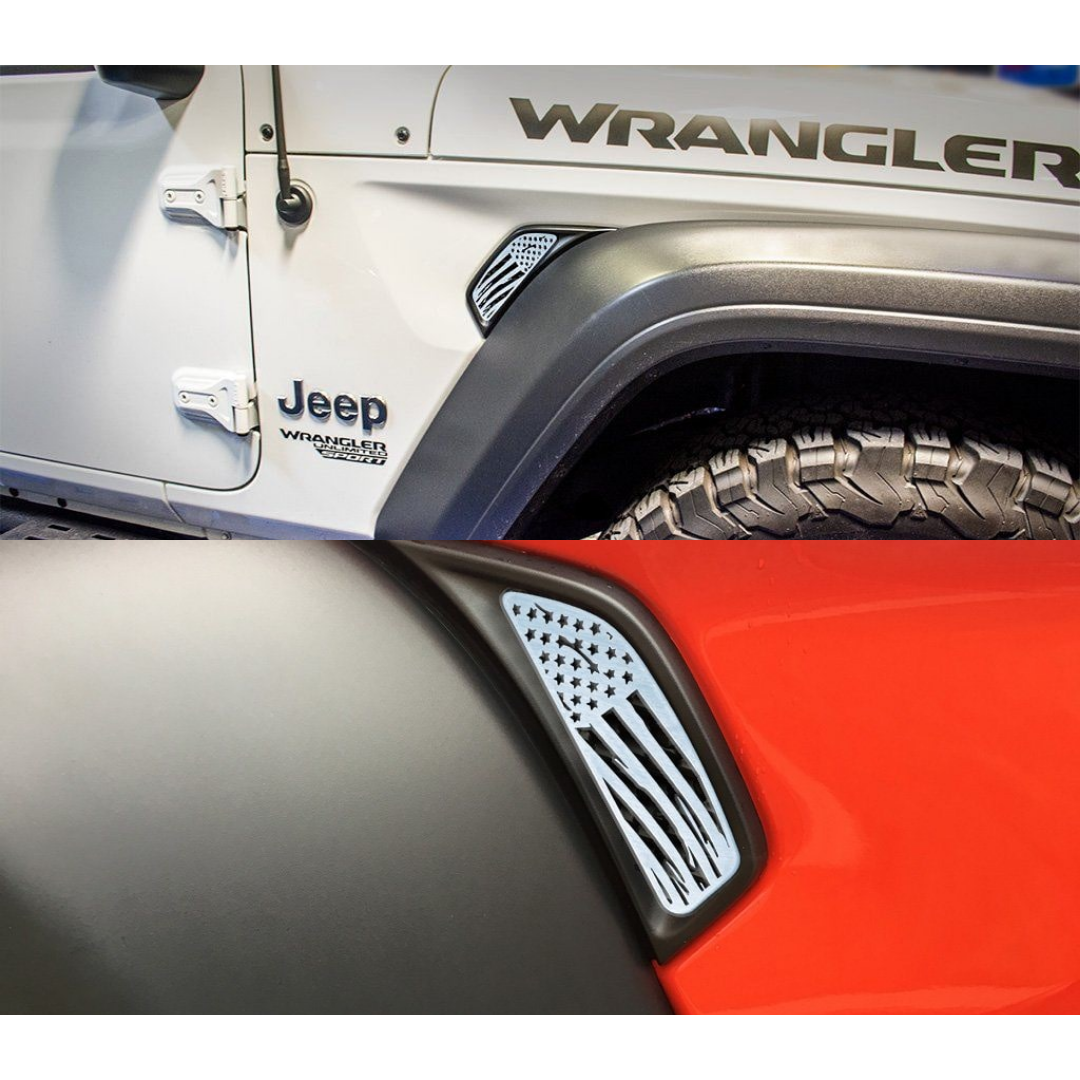 2018-2020 Jeep Wrangler JL/JLU - Side Vent Accents Battle Worn American Flag | Stainless, Choose Finish