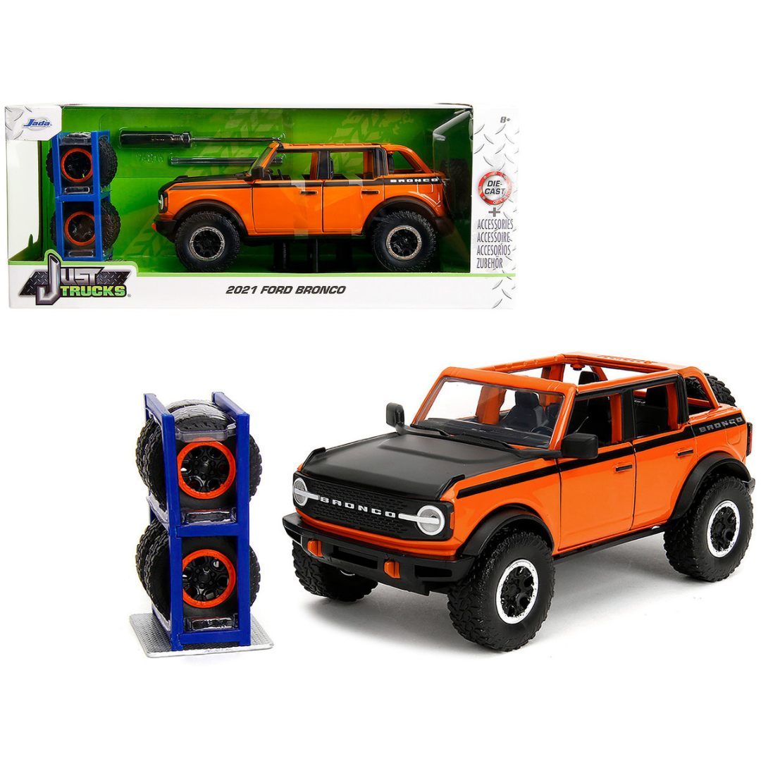 2021 Ford Bronco Open-Top Orange with Black Stripes and Hood with Extra Wheels "Just Trucks" Series 1/24 Diecast Model Car