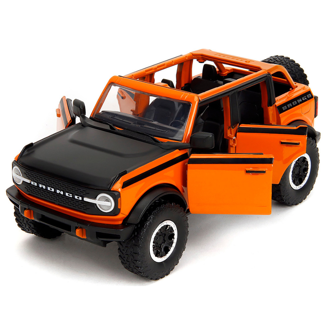 2021 Ford Bronco Open-Top Orange with Black Stripes and Hood with Extra Wheels "Just Trucks" Series 1/24 Diecast Model Car