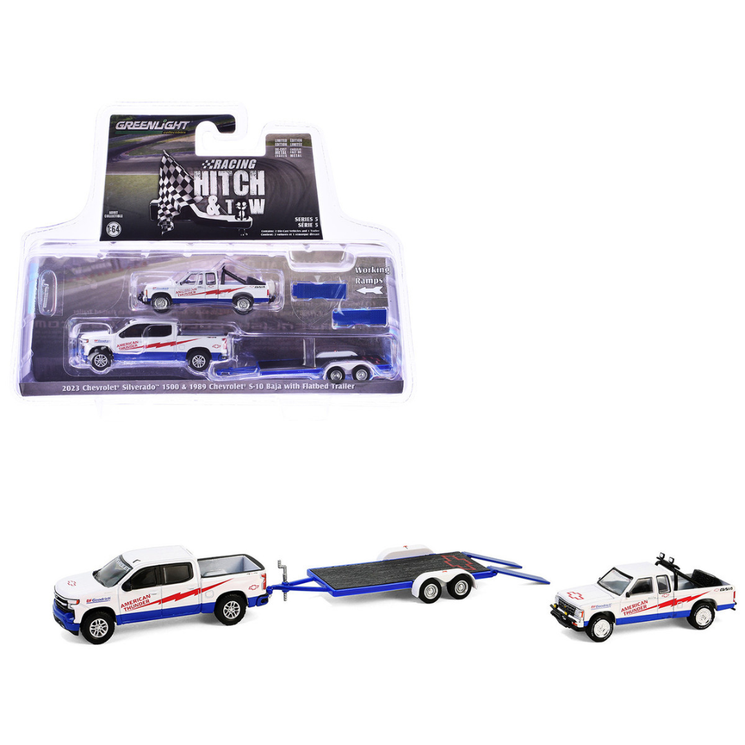 2023 Chevrolet Silverado 1500 Pickup Truck White and 1989 Chevrolet S-10 Baja Pickup Truck White with Flatbed Trailer "American Thunder" "Racing Hitch & Tow" Series 5 1/64 Diecast Model Car